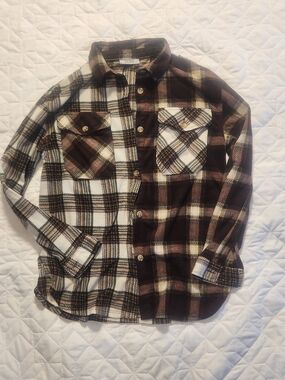Womens Brown and Cream Plaid Flannel Shirt
